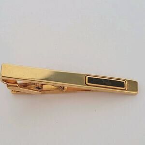 Celine Tie Bar Clip Clasp Gold Black Tone Carriage 2in Logo Vintage